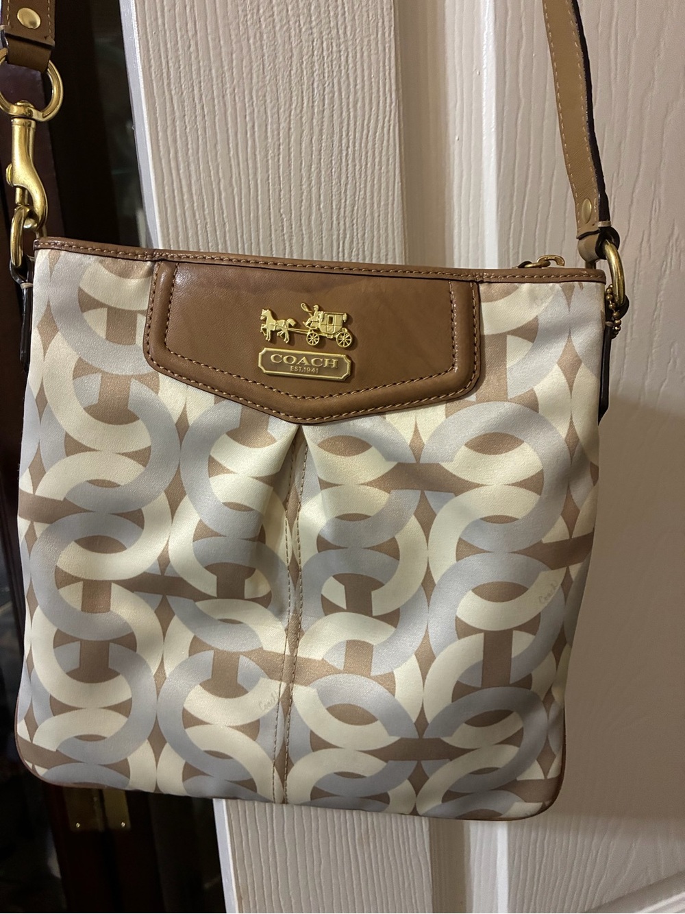 Y2K Coach Cream and Tan Signature Crossbody Bag Satin
